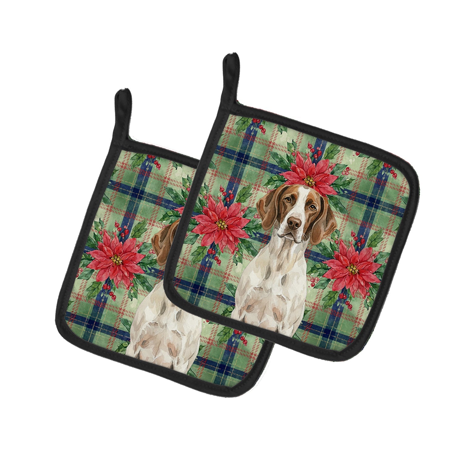 Liver and White Pointer Christmas PoinsettIas Pot Holder Set of 2 Heat Resistant Quilted Hot Pads 7.5 x 7.5 Inch, Insulated Kitchen Trivets for Cooking & Baking