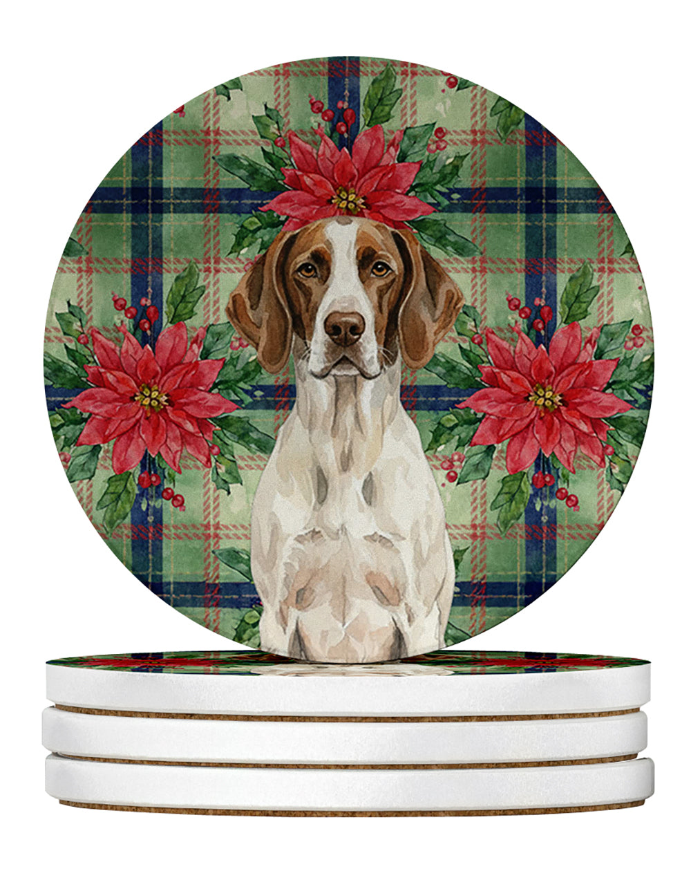 Liver and White Pointer Christmas PoinsettIas Large Sandstone Coasters Pack of 4 Absorbent Round Coasters Decor Gifts for Men or Women, 4 in, Multicolor