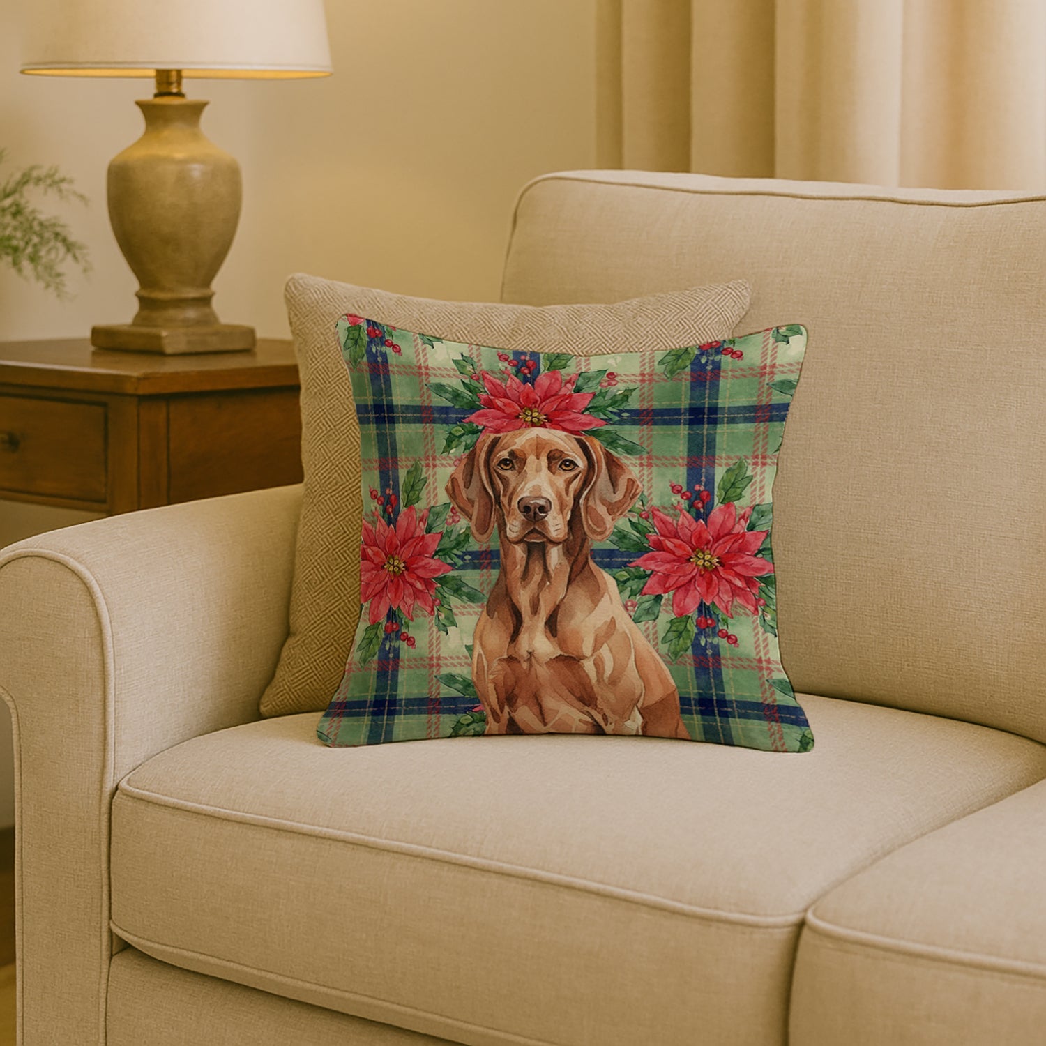 Liver Pointer Christmas PoinsettIas Decorative Throw Pillow 18x18 Indoor Outdoor Accent Cushion, Fabric Cover with Insert for Sofa, Bed, Porch & Living Room