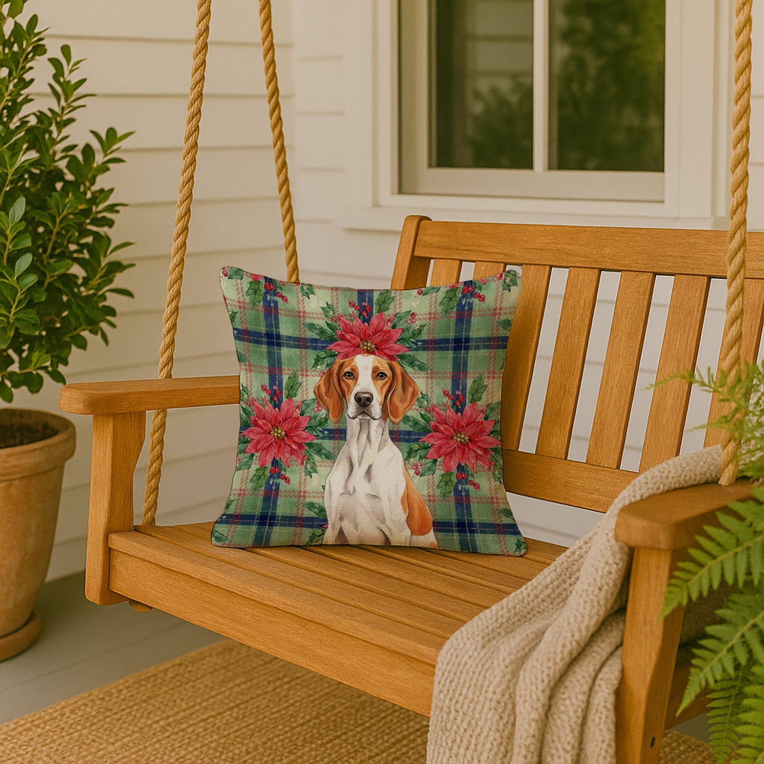Orange and White Pointer Christmas PoinsettIas Decorative Throw Pillow 18x18 Indoor Outdoor Accent Cushion, Fabric Cover with Insert for Sofa, Bed, Porch & Living Room