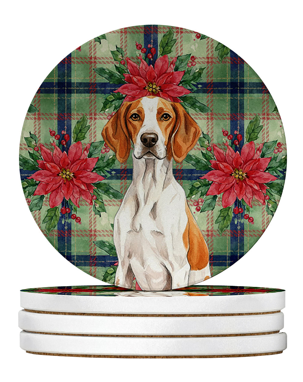Orange and White Pointer Christmas PoinsettIas Large Sandstone Coasters Pack of 4 Absorbent Round Coasters Decor Gifts for Men or Women, 4 in, Multicolor
