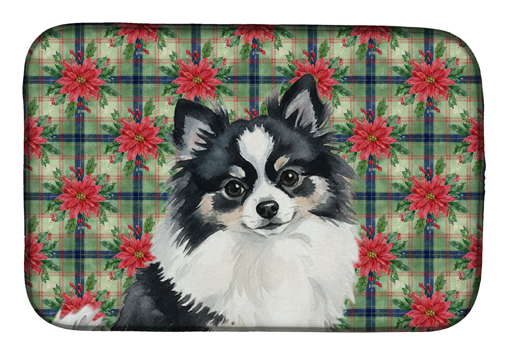 Black and White Pomeranian Christmas PoinsettIas Dish Drying Mat Absorbent Dish Drying Mat Pad for Kitchen Counter Dish Drainer Mat for Countertop, 14 x 21", Multicolor