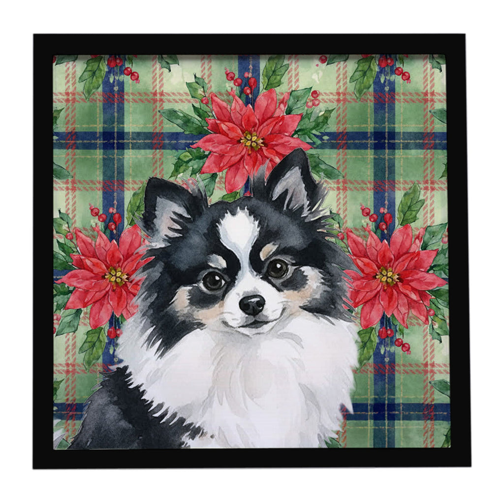 Black and White Pomeranian Christmas PoinsettIas Framed Metal Print Bathroom, Kitchen, Office, Home Decor Wall Art Ready to Hang, Square, 8X8