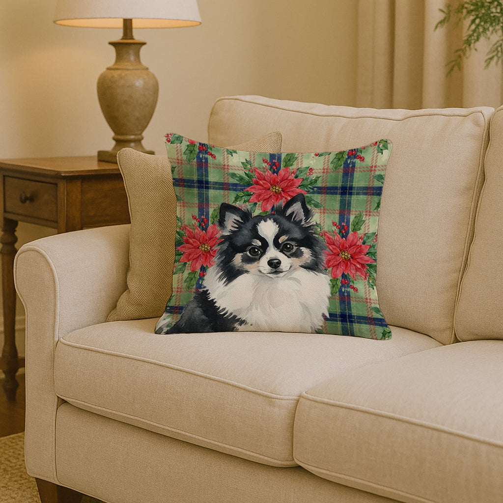 Black and White Pomeranian Christmas PoinsettIas Decorative Throw Pillow 14x14 Indoor Outdoor Accent Cushion, Fabric Cover with Insert for Sofa, Bed, Porch & Living Room