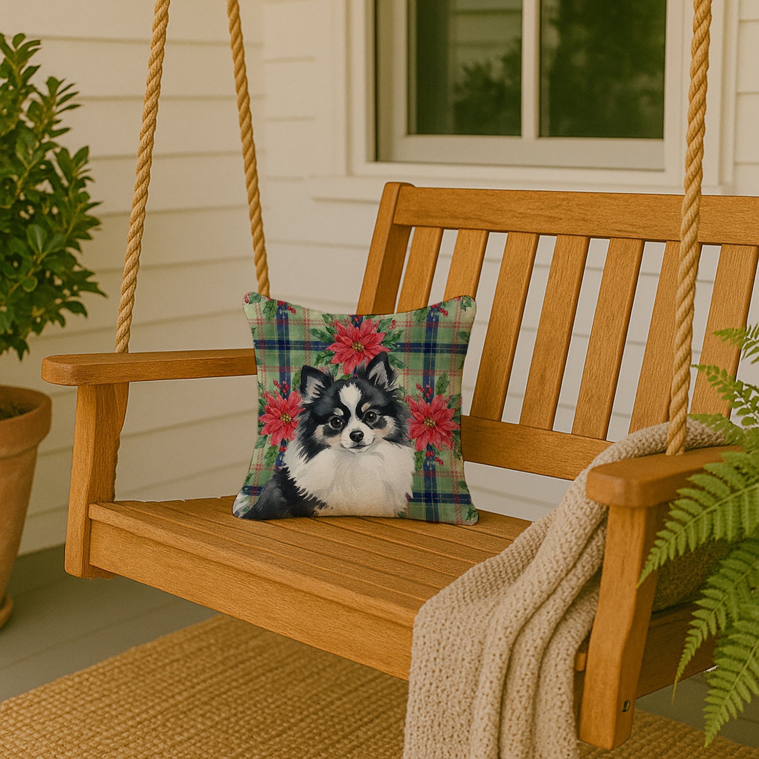 Black and White Pomeranian Christmas PoinsettIas Decorative Throw Pillow 14x14 Indoor Outdoor Accent Cushion, Fabric Cover with Insert for Sofa, Bed, Porch & Living Room