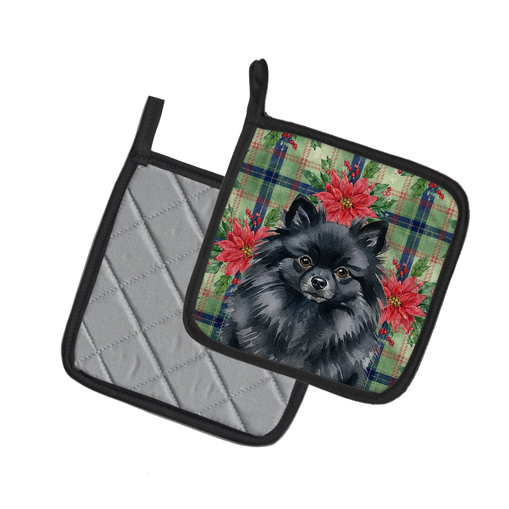 Black Pomeranian Christmas PoinsettIas Pot Holder Set of 2 Heat Resistant Quilted Hot Pads 7.5 x 7.5 Inch, Insulated Kitchen Trivets for Cooking & Baking