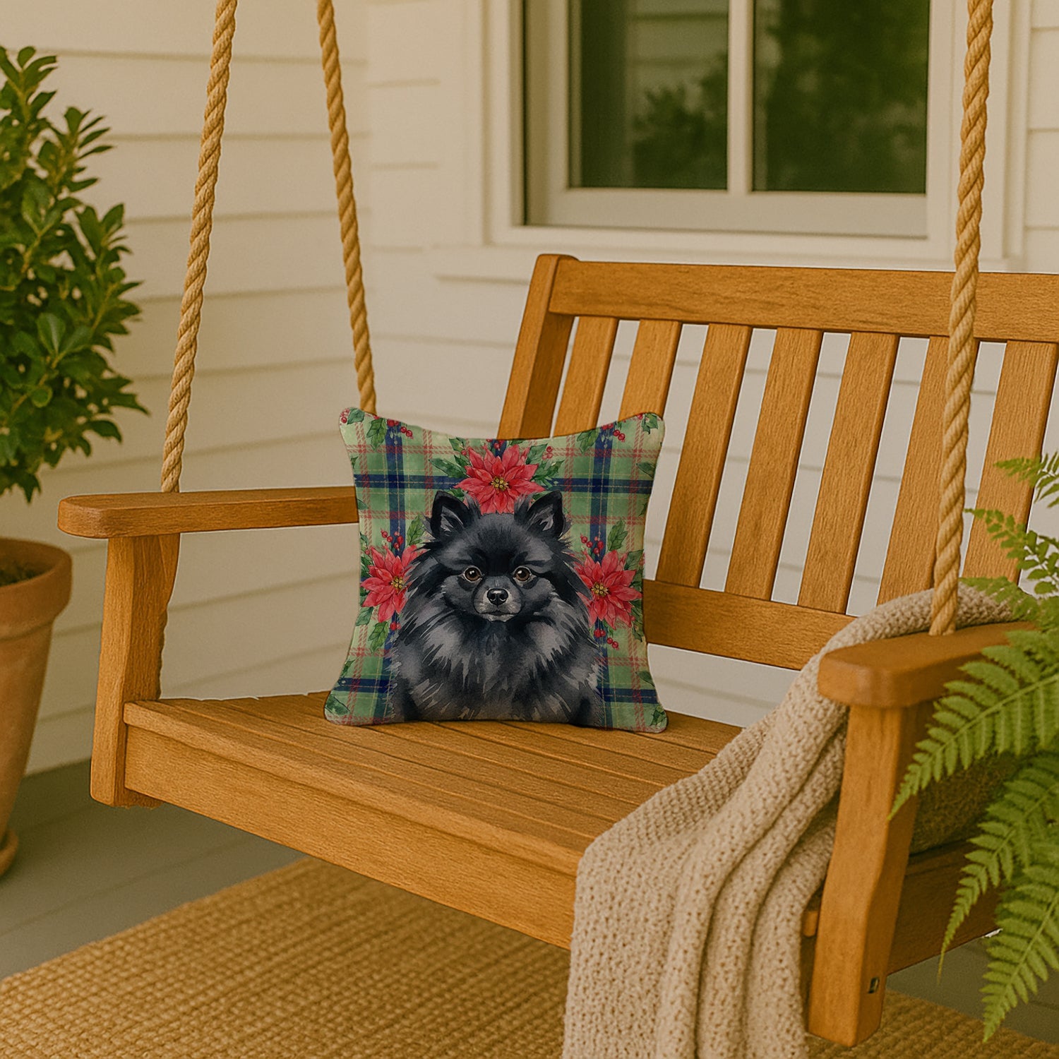Black Pomeranian Christmas PoinsettIas Decorative Throw Pillow 14x14 Indoor Outdoor Accent Cushion, Fabric Cover with Insert for Sofa, Bed, Porch & Living Room