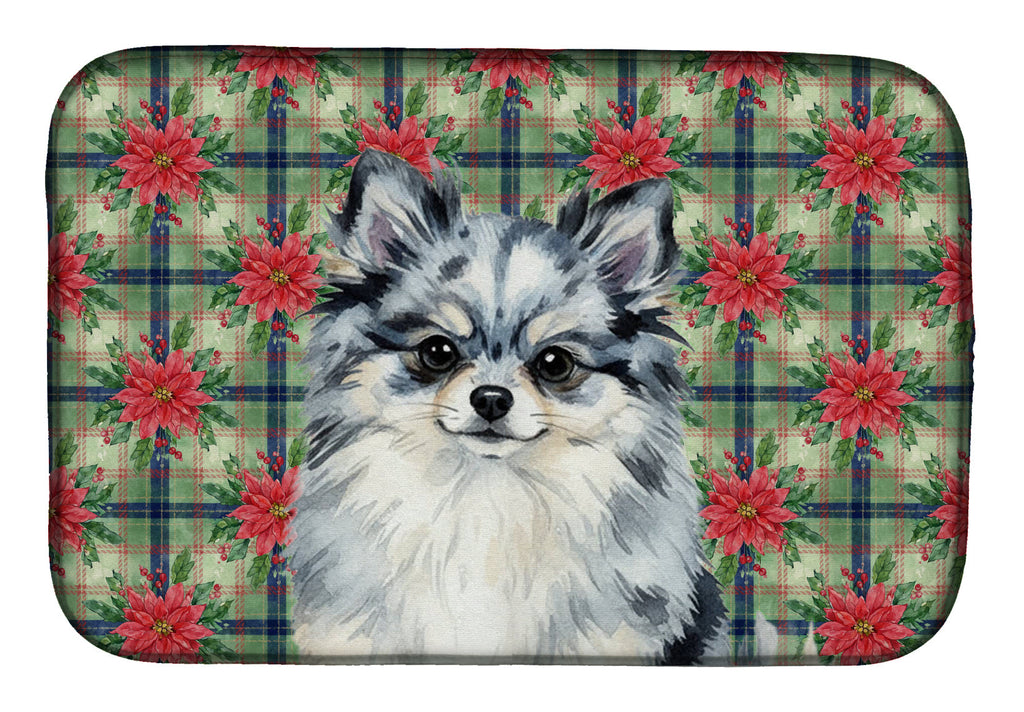 Blue Merle Pomeranian Christmas PoinsettIas Dish Drying Mat Absorbent Dish Drying Mat Pad for Kitchen Counter Dish Drainer Mat for Countertop, 14 x 21", Multicolor