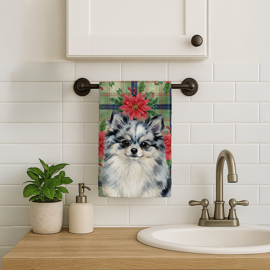 Blue Merle Pomeranian Christmas PoinsettIas Kitchen Towel Velour Plush Front and Cotton Loop Back Machine Washable