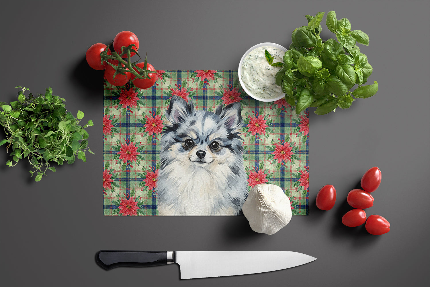 Blue Merle Pomeranian Christmas PoinsettIas Cutting Board Tempered Glass Kitchen Cutting Surface, Heat Resistant Chopping, Non-Slip Feet, Food Prep & Serving