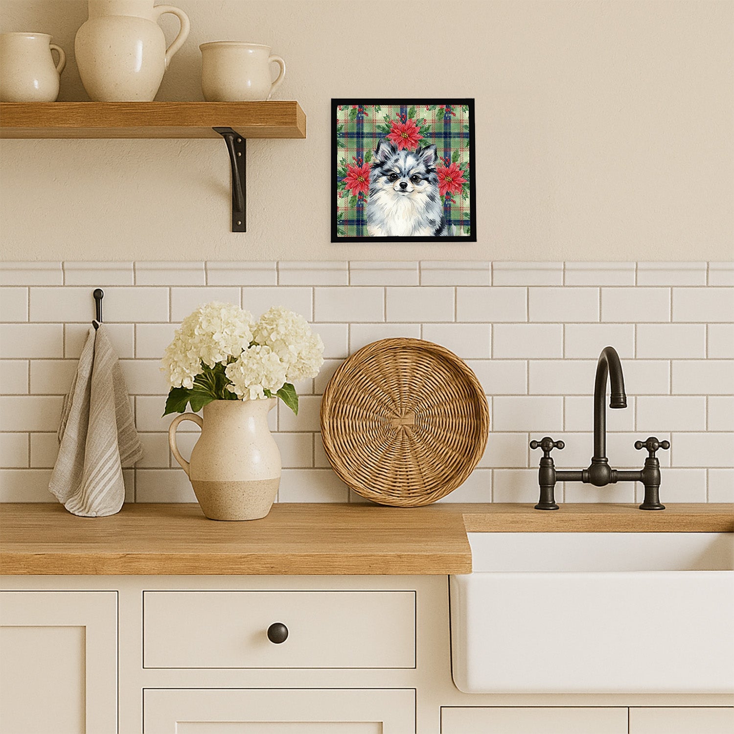 Blue Merle Pomeranian Christmas PoinsettIas Framed Metal Print Bathroom, Kitchen, Office, Home Decor Wall Art Ready to Hang, Square, 8X8