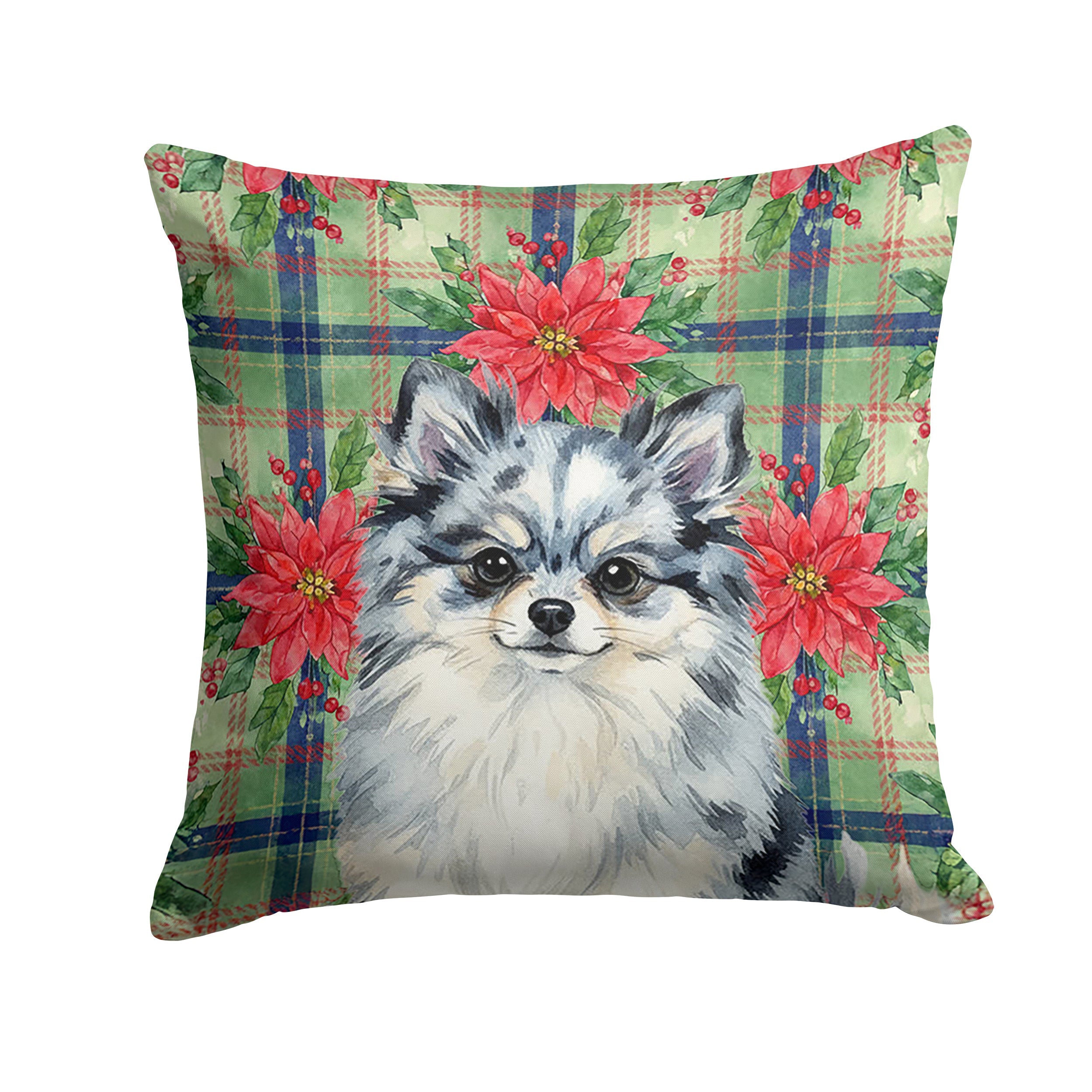 Blue Merle Pomeranian Christmas PoinsettIas Decorative Throw Pillow 14x14 Indoor Outdoor Accent Cushion, Fabric Cover with Insert for Sofa, Bed, Porch & Living Room