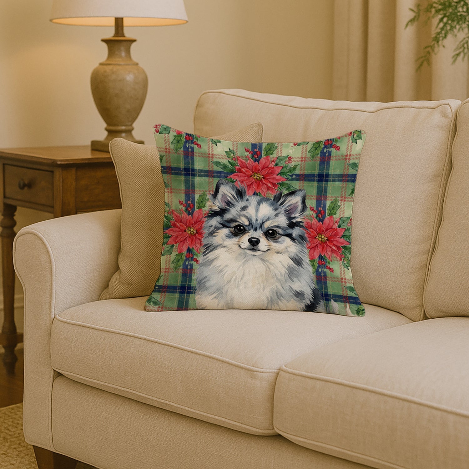 Blue Merle Pomeranian Christmas PoinsettIas Decorative Throw Pillow 14x14 Indoor Outdoor Accent Cushion, Fabric Cover with Insert for Sofa, Bed, Porch & Living Room