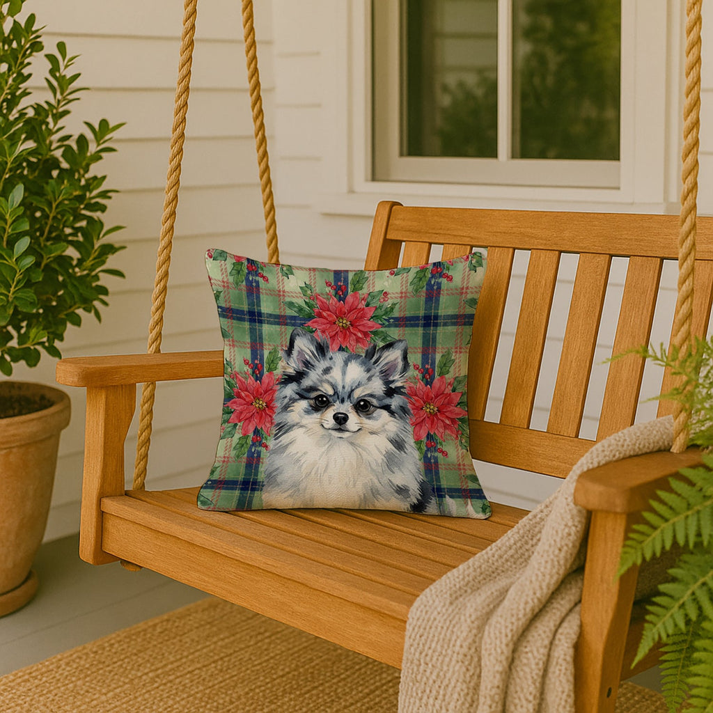 Blue Merle Pomeranian Christmas PoinsettIas Decorative Throw Pillow 18x18 Indoor Outdoor Accent Cushion, Fabric Cover with Insert for Sofa, Bed, Porch & Living Room