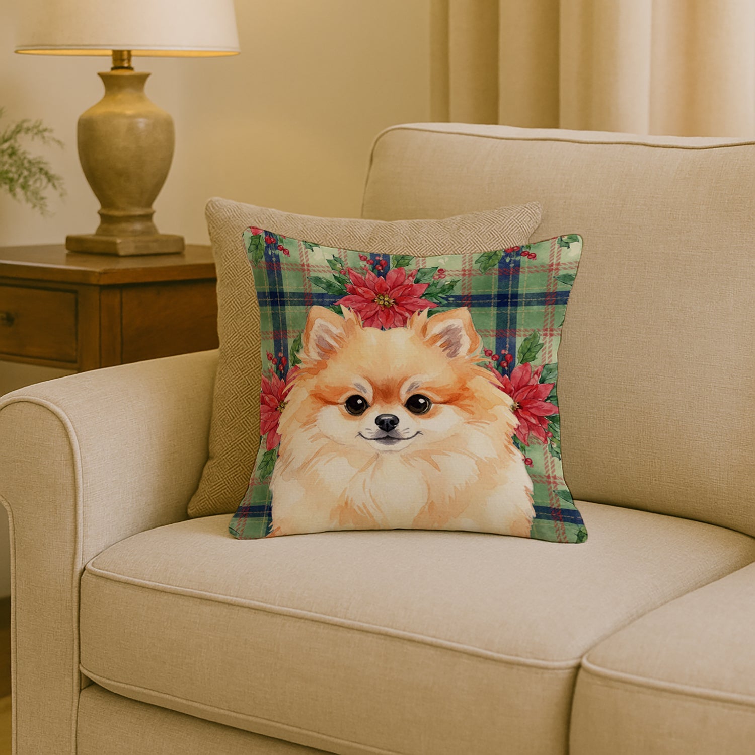 Pomeranian Christmas PoinsettIas Decorative Throw Pillow 18x18 Indoor Outdoor Accent Cushion, Fabric Cover with Insert for Sofa, Bed, Porch & Living Room