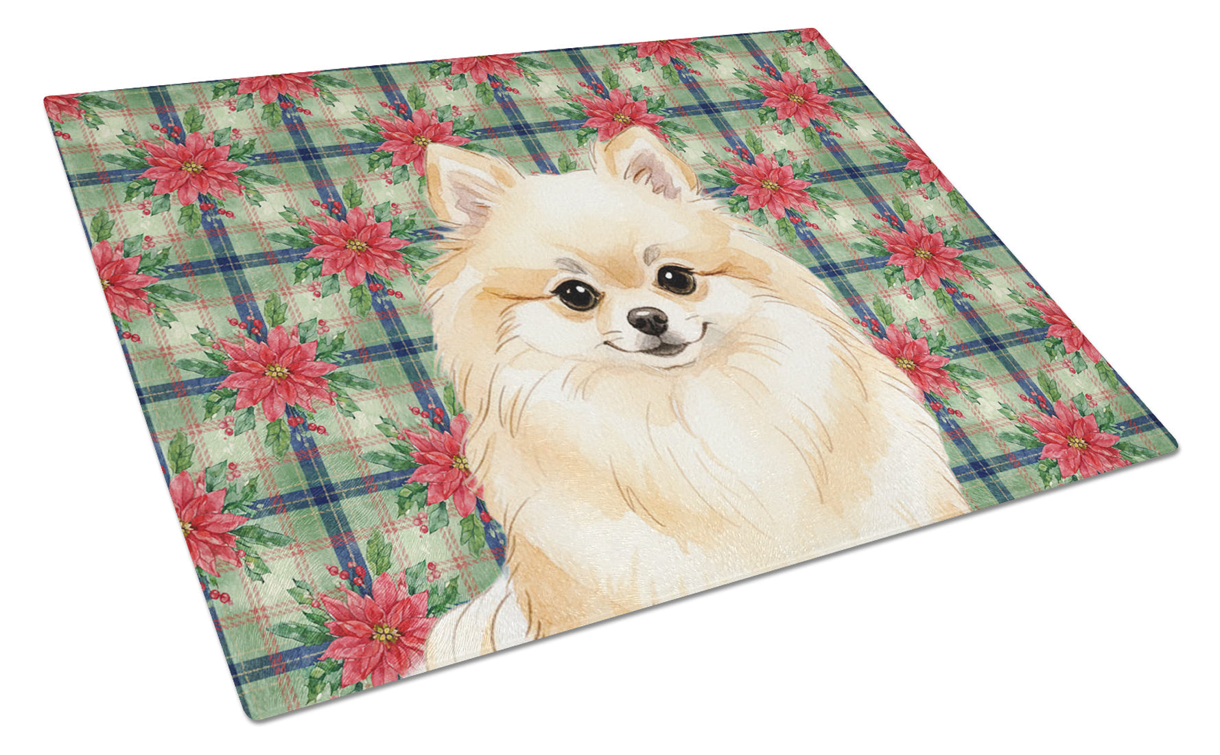 Cream Pomeranian Christmas PoinsettIas Cutting Board Tempered Glass Kitchen Cutting Surface, Heat Resistant Chopping, Non-Slip Feet, Food Prep & Serving