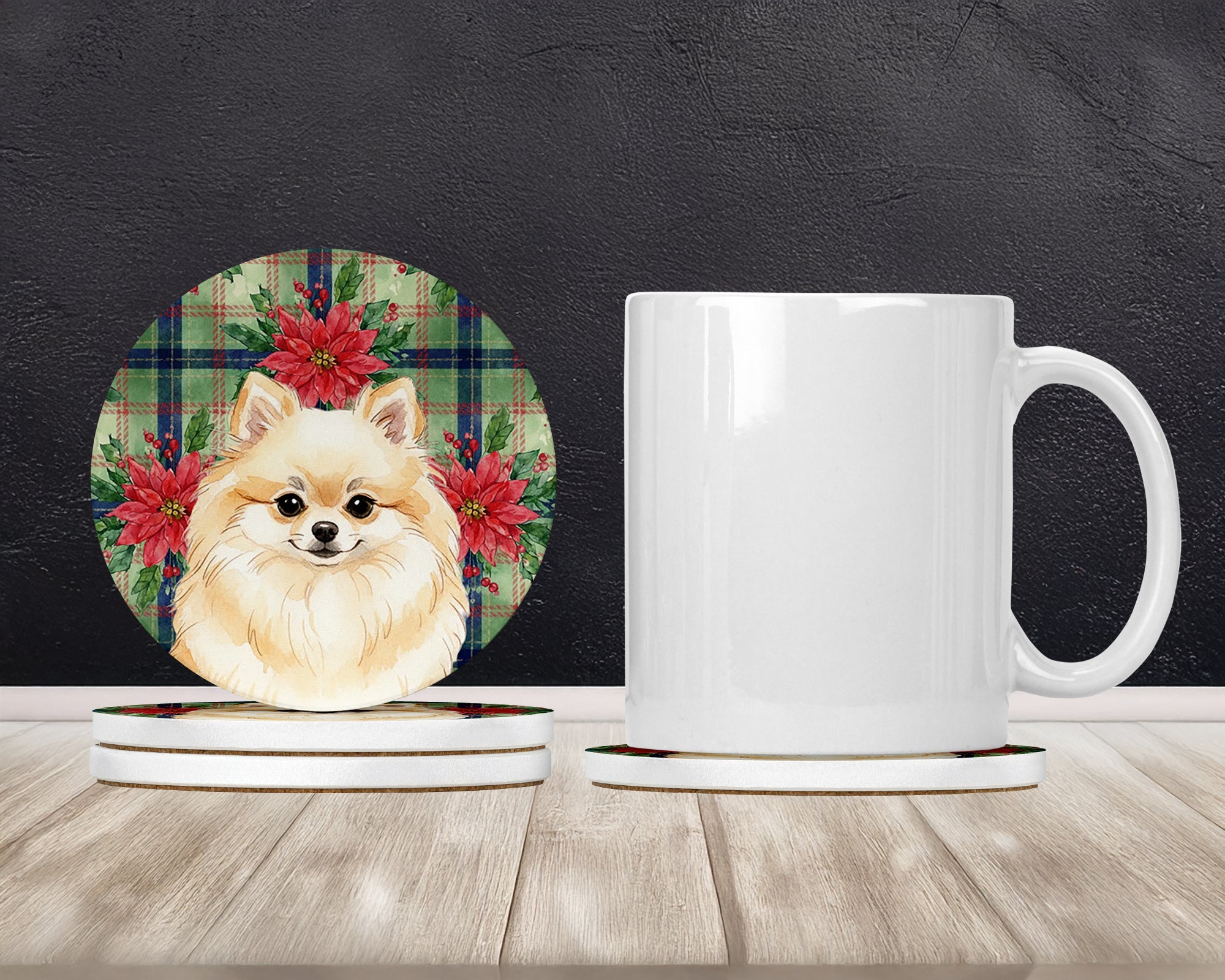 Cream Pomeranian Christmas PoinsettIas Large Sandstone Coasters Pack of 4 Absorbent Round Coasters Decor Gifts for Men or Women, 4 in, Multicolor