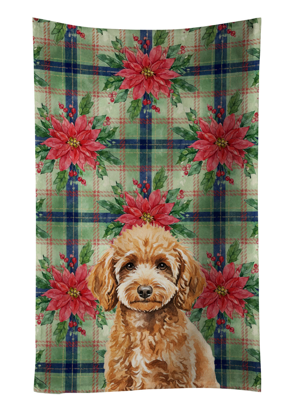 Miniature Apricot Poodle Christmas PoinsettIas Kitchen Towel Velour Plush Front and Cotton Loop Back Machine Washable