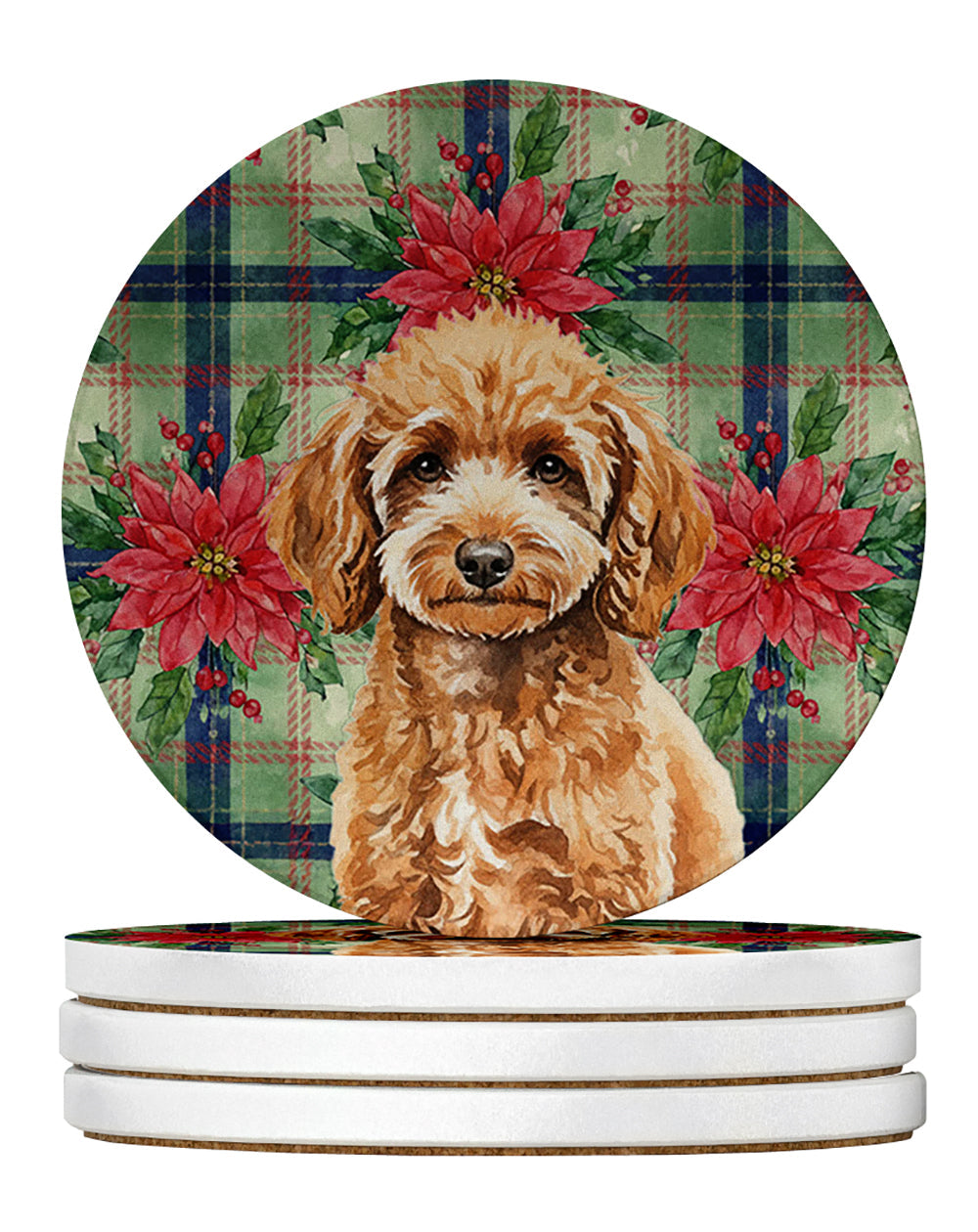 Miniature Apricot Poodle Christmas PoinsettIas Large Sandstone Coasters Pack of 4 Absorbent Round Coasters Decor Gifts for Men or Women, 4 in, Multicolor