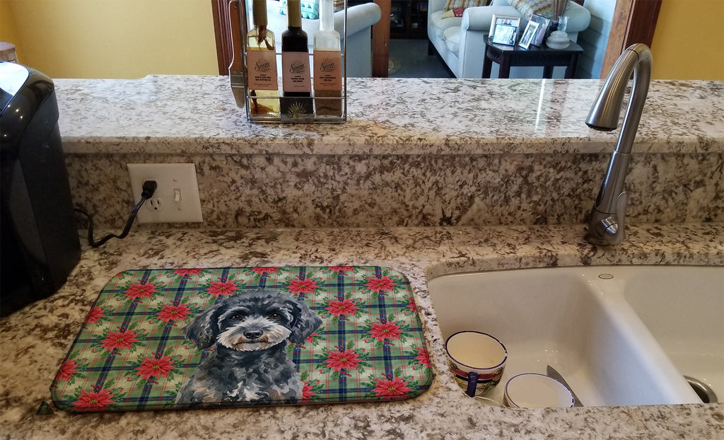 Miniature Black Poodle Christmas PoinsettIas Dish Drying Mat Absorbent Dish Drying Mat Pad for Kitchen Counter Dish Drainer Mat for Countertop, 14 x 21", Multicolor