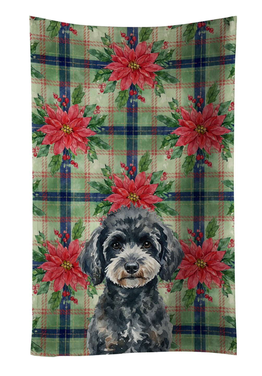Miniature Black Poodle Christmas PoinsettIas Kitchen Towel Velour Plush Front and Cotton Loop Back Machine Washable