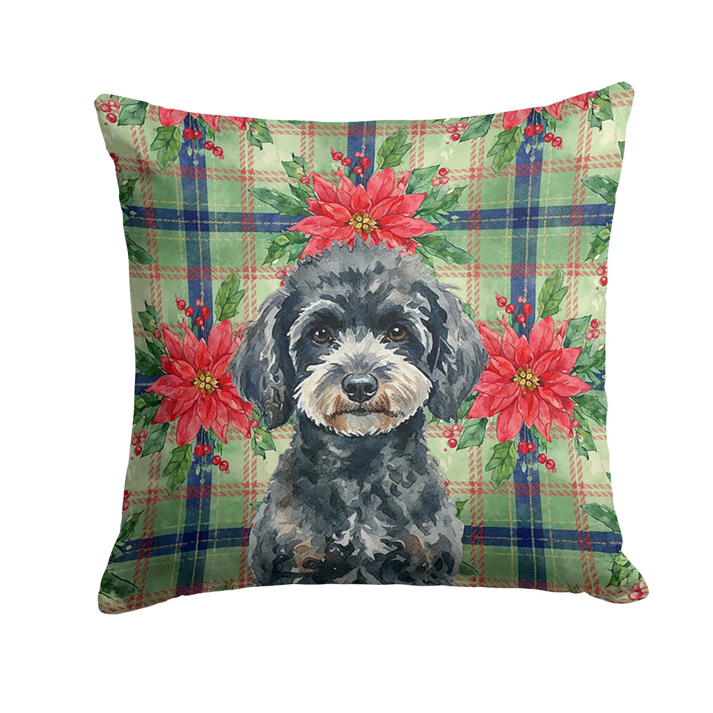 Miniature Black Poodle Christmas PoinsettIas Decorative Throw Pillow 14x14 Indoor Outdoor Accent Cushion, Fabric Cover with Insert for Sofa, Bed, Porch & Living Room