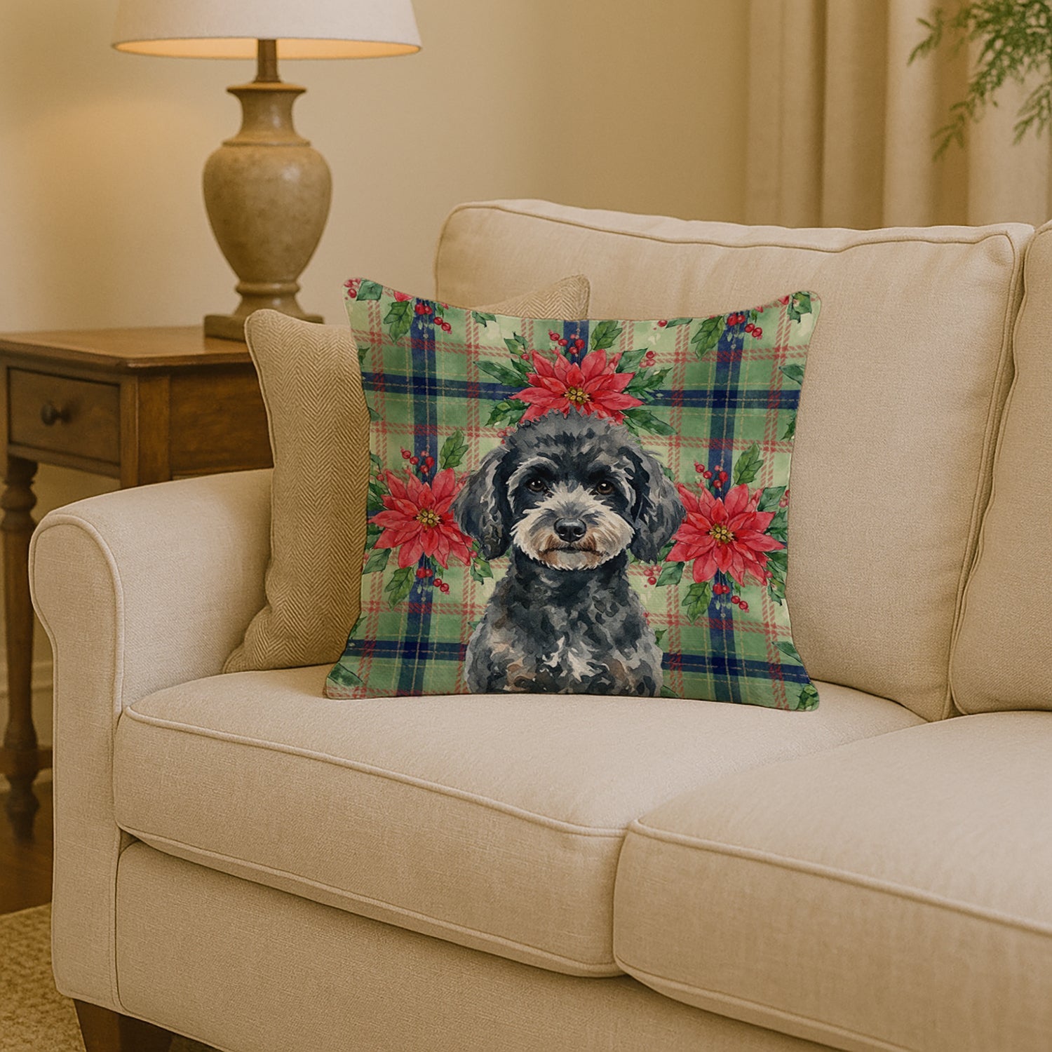Miniature Black Poodle Christmas PoinsettIas Decorative Throw Pillow 14x14 Indoor Outdoor Accent Cushion, Fabric Cover with Insert for Sofa, Bed, Porch & Living Room