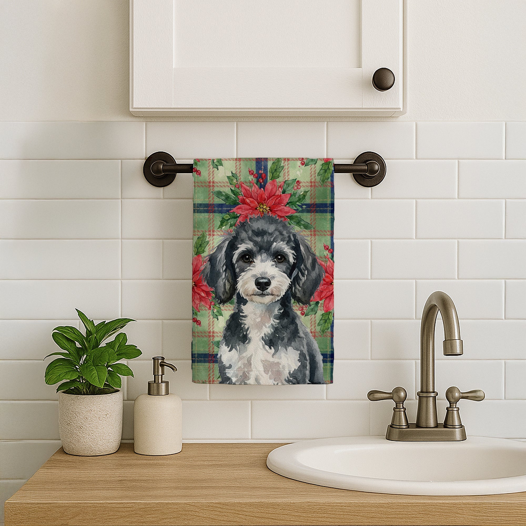Miniature Parti Poodle Christmas PoinsettIas Kitchen Towel Velour Plush Front and Cotton Loop Back Machine Washable