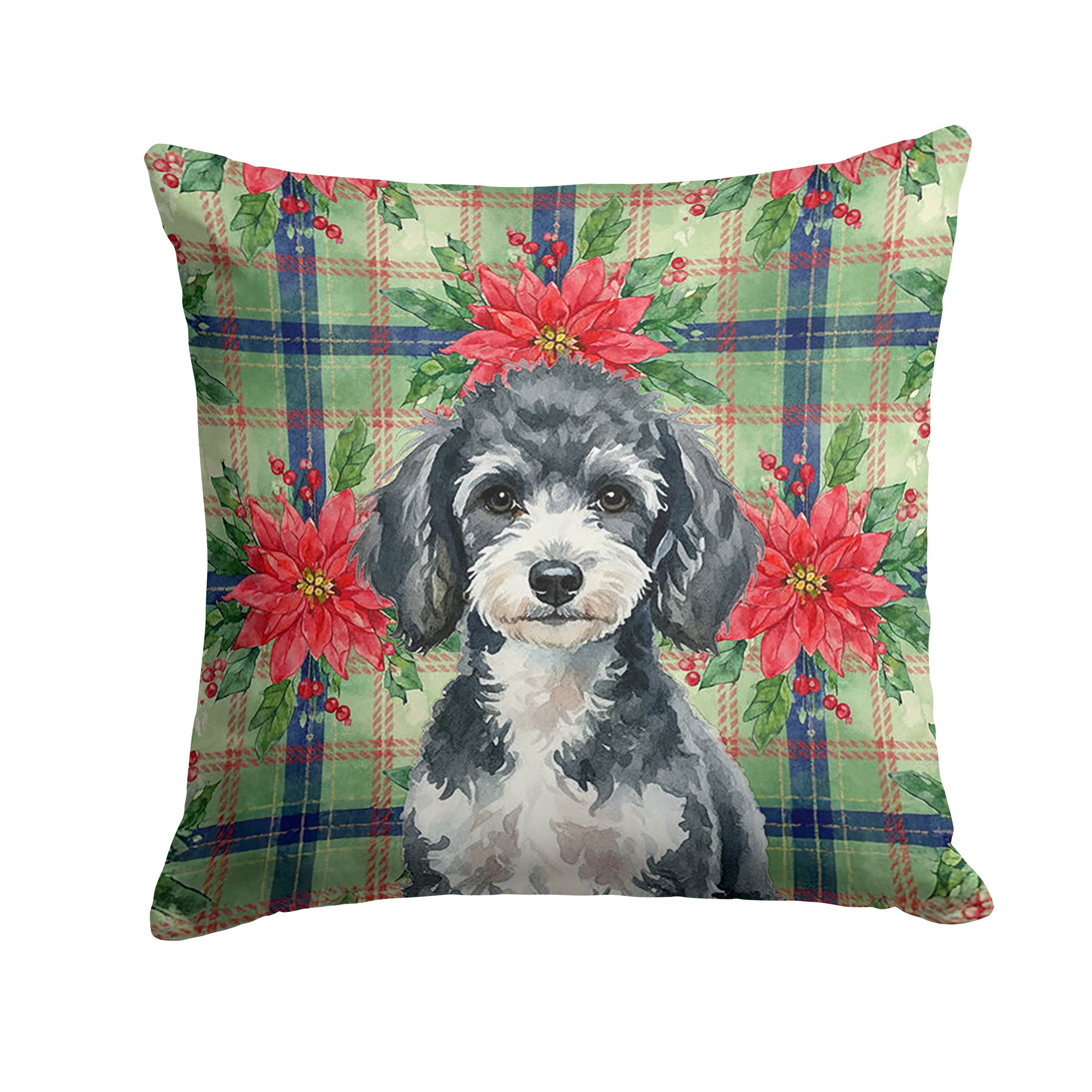 Miniature Parti Poodle Christmas PoinsettIas Decorative Throw Pillow 14x14 Indoor Outdoor Accent Cushion, Fabric Cover with Insert for Sofa, Bed, Porch & Living Room
