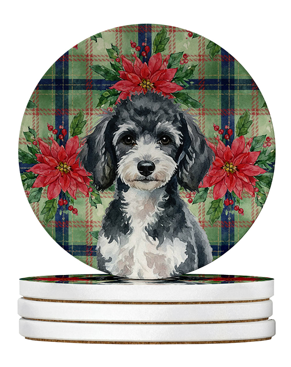 Miniature Parti Poodle Christmas PoinsettIas Large Sandstone Coasters Pack of 4 Absorbent Round Coasters Decor Gifts for Men or Women, 4 in, Multicolor