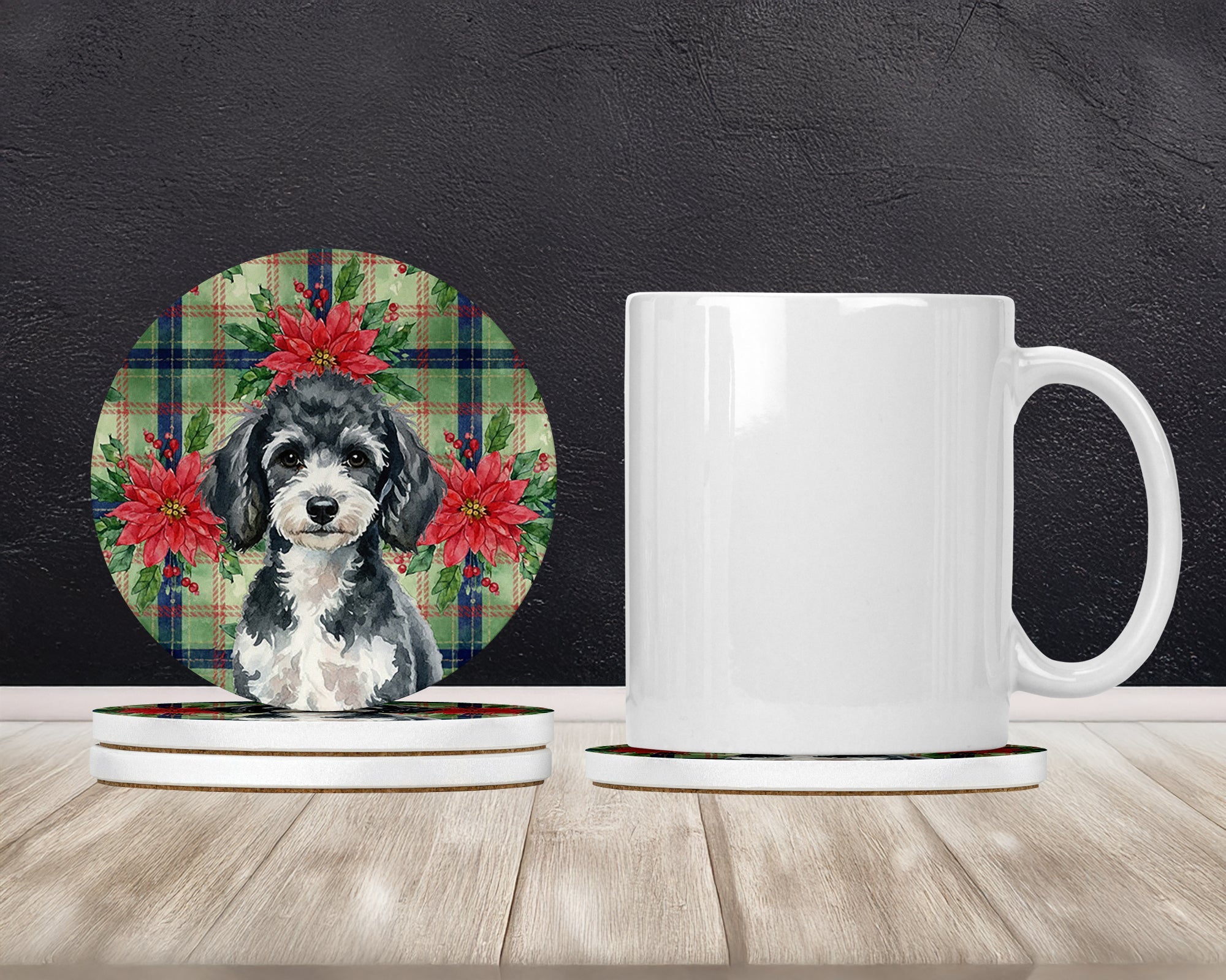 Miniature Parti Poodle Christmas PoinsettIas Large Sandstone Coasters Pack of 4 Absorbent Round Coasters Decor Gifts for Men or Women, 4 in, Multicolor