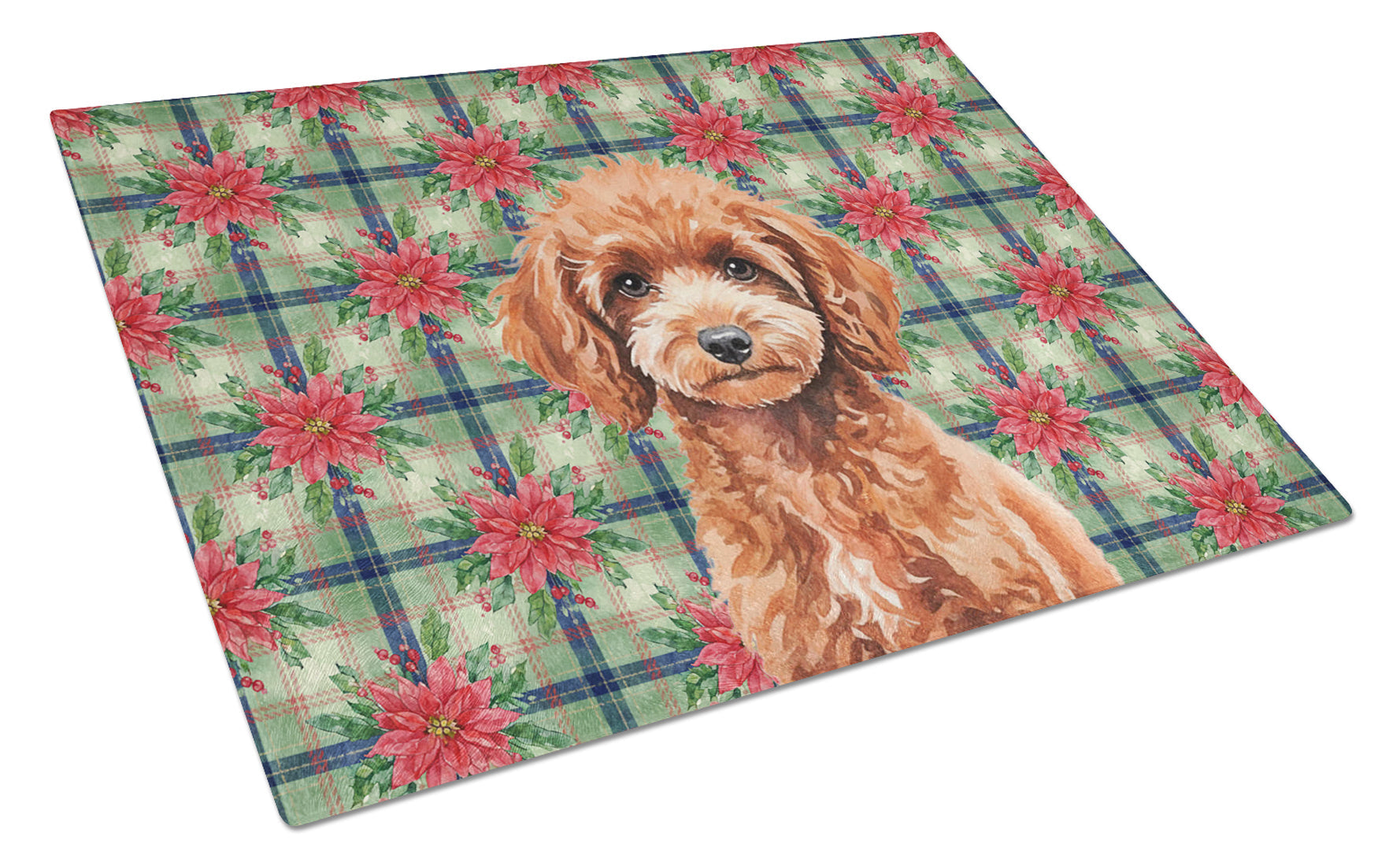 Miniature Red Poodle Christmas PoinsettIas Cutting Board Tempered Glass Kitchen Cutting Surface, Heat Resistant Chopping, Non-Slip Feet, Food Prep & Serving