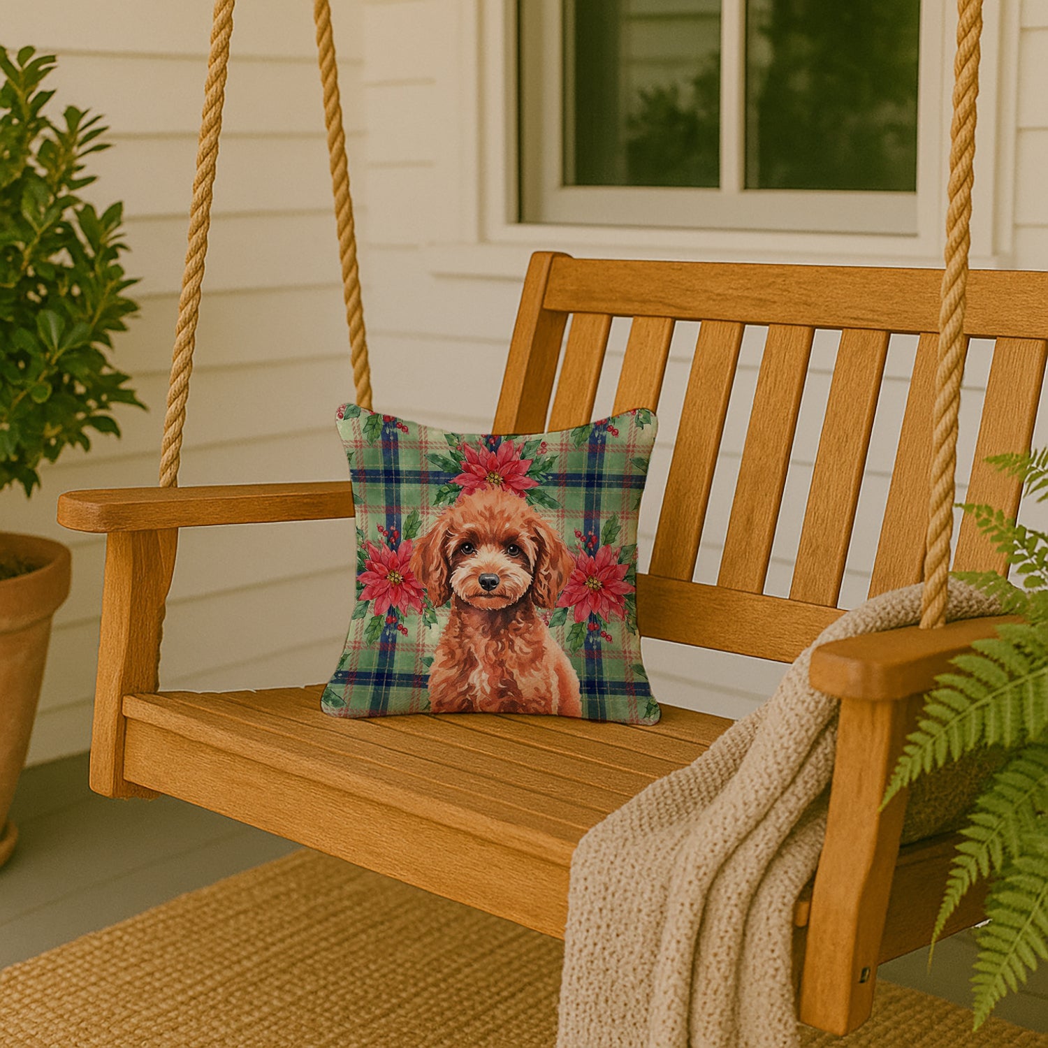 Miniature Red Poodle Christmas PoinsettIas Decorative Throw Pillow 14x14 Indoor Outdoor Accent Cushion, Fabric Cover with Insert for Sofa, Bed, Porch & Living Room