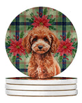 Miniature Red Poodle Christmas PoinsettIas Large Sandstone Coasters Pack of 4 Absorbent Round Coasters Decor Gifts for Men or Women, 4 in, Multicolor
