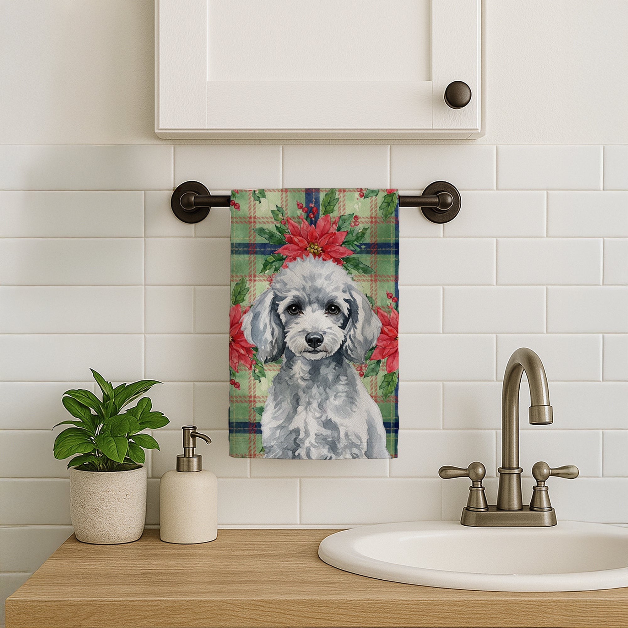 Miniature Silver Poodle Christmas PoinsettIas Kitchen Towel Velour Plush Front and Cotton Loop Back Machine Washable