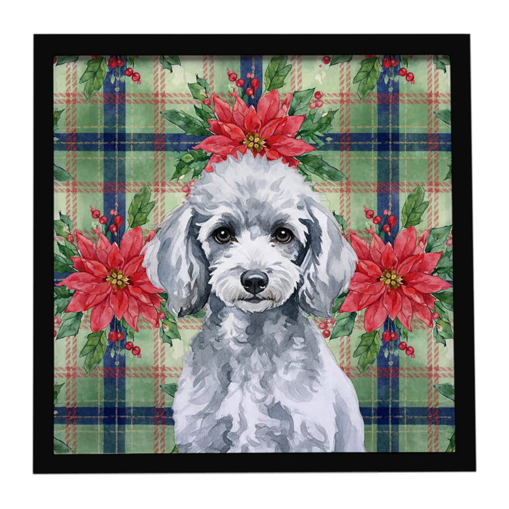 Miniature Silver Poodle Christmas PoinsettIas Framed Metal Print Bathroom, Kitchen, Office, Home Decor Wall Art Ready to Hang, Square, 8X8