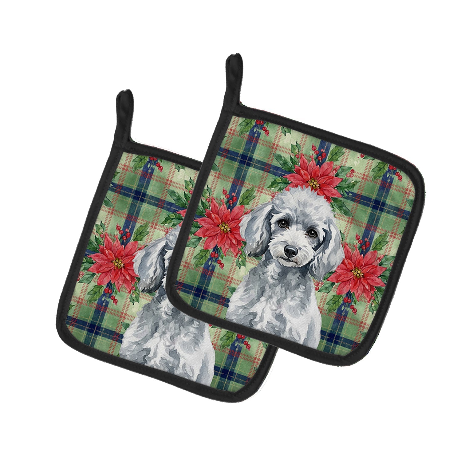 Miniature Silver Poodle Christmas PoinsettIas Pot Holder Set of 2 Heat Resistant Quilted Hot Pads 7.5 x 7.5 Inch, Insulated Kitchen Trivets for Cooking & Baking