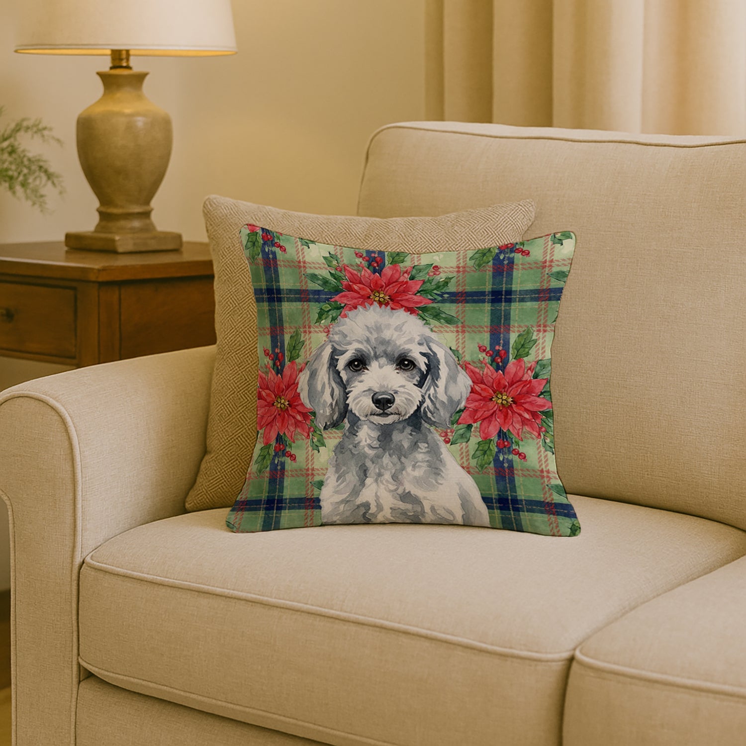Miniature Silver Poodle Christmas PoinsettIas Decorative Throw Pillow 18x18 Indoor Outdoor Accent Cushion, Fabric Cover with Insert for Sofa, Bed, Porch & Living Room