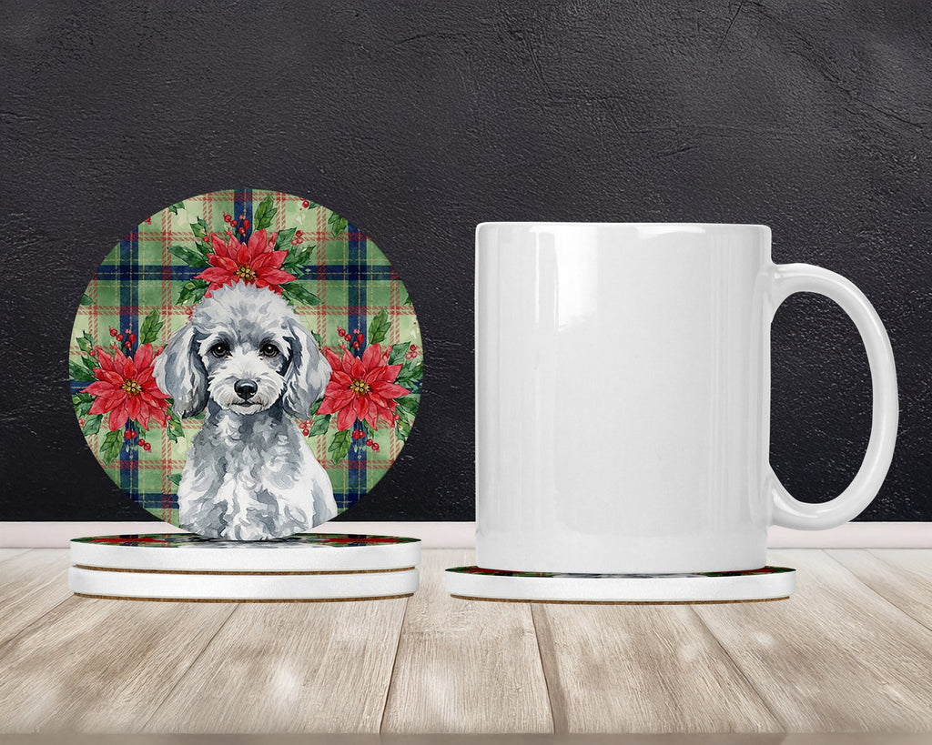 Miniature Silver Poodle Christmas PoinsettIas Large Sandstone Coasters Pack of 4 Absorbent Round Coasters Decor Gifts for Men or Women, 4 in, Multicolor