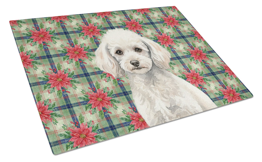 Miniature White Poodle Christmas PoinsettIas Cutting Board Tempered Glass Kitchen Cutting Surface, Heat Resistant Chopping, Non-Slip Feet, Food Prep & Serving