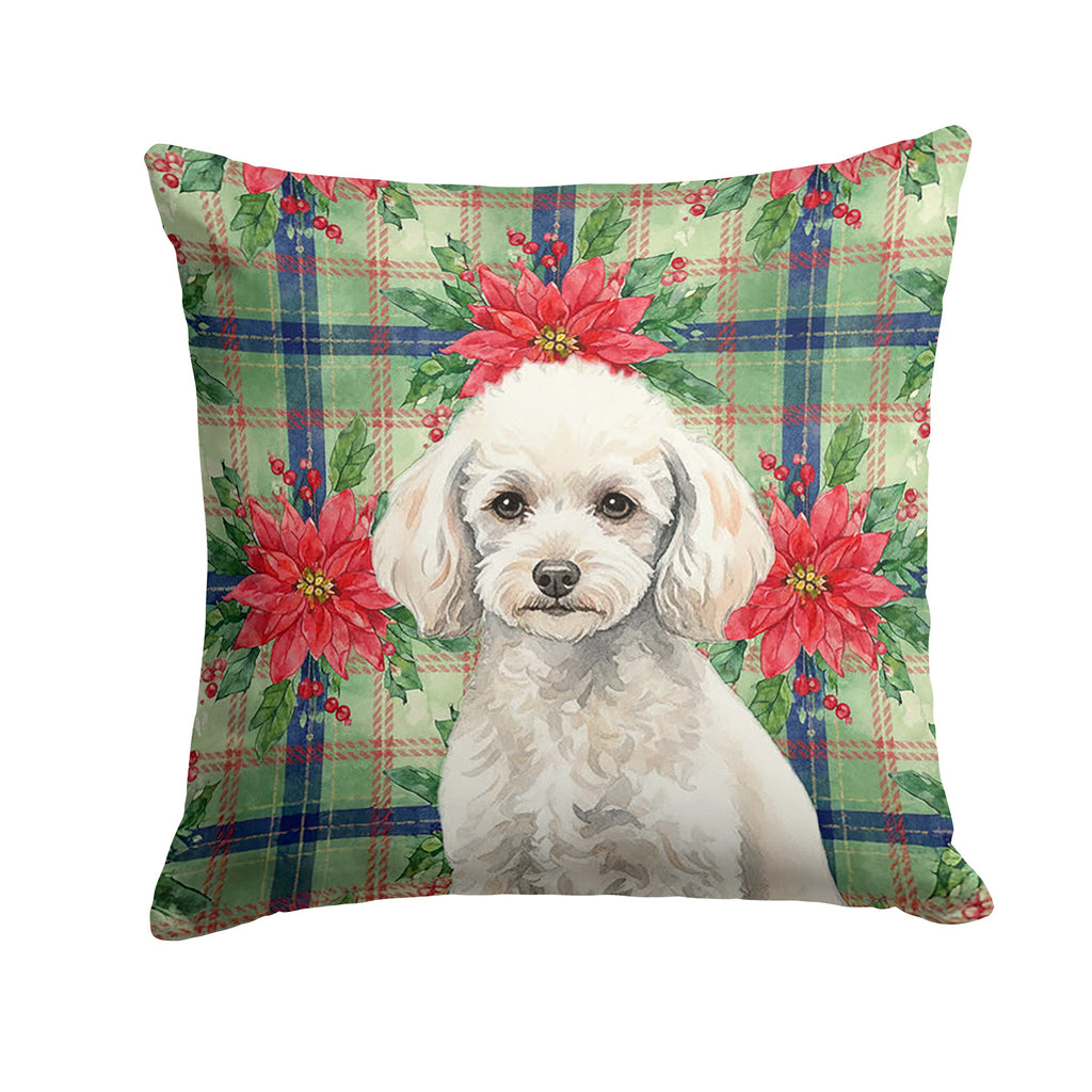 Miniature White Poodle Christmas PoinsettIas Decorative Throw Pillow 14x14 Indoor Outdoor Accent Cushion, Fabric Cover with Insert for Sofa, Bed, Porch & Living Room