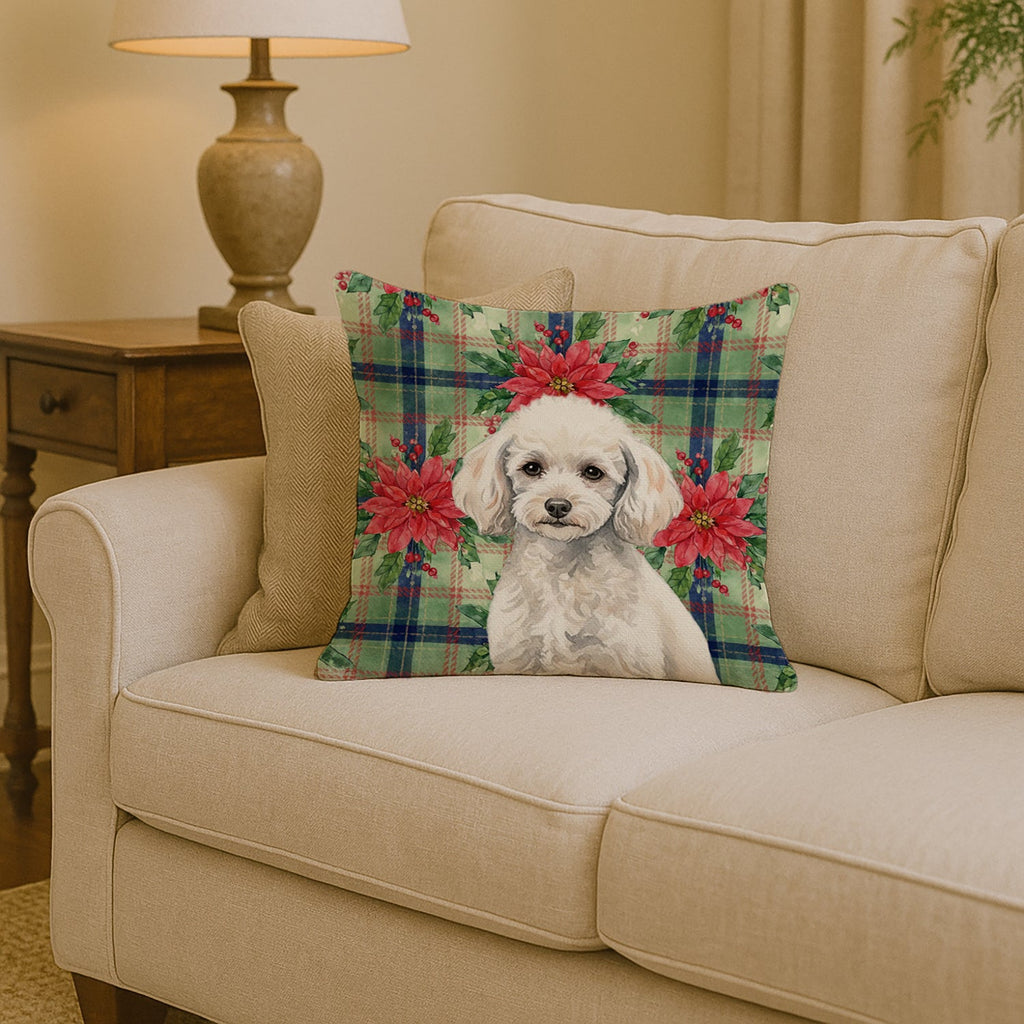 Miniature White Poodle Christmas PoinsettIas Decorative Throw Pillow 14x14 Indoor Outdoor Accent Cushion, Fabric Cover with Insert for Sofa, Bed, Porch & Living Room