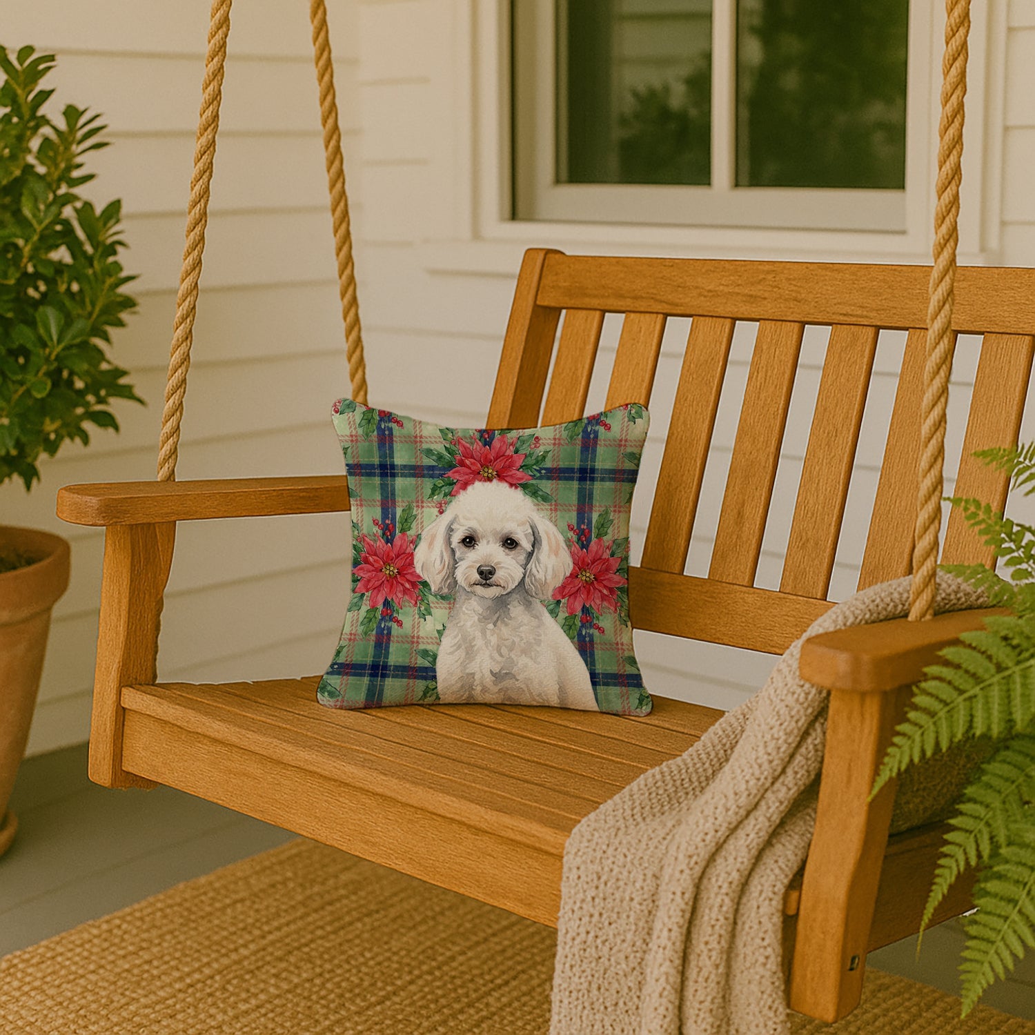 Miniature White Poodle Christmas PoinsettIas Decorative Throw Pillow 14x14 Indoor Outdoor Accent Cushion, Fabric Cover with Insert for Sofa, Bed, Porch & Living Room