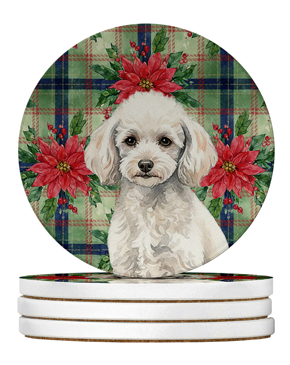 Miniature White Poodle Christmas PoinsettIas Large Sandstone Coasters Pack of 4 Absorbent Round Coasters Decor Gifts for Men or Women, 4 in, Multicolor