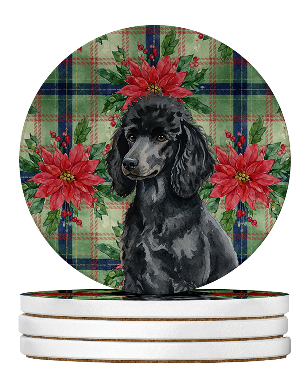 Standard Black Poodle Christmas PoinsettIas Large Sandstone Coasters Pack of 4 Absorbent Round Coasters Decor Gifts for Men or Women, 4 in, Multicolor