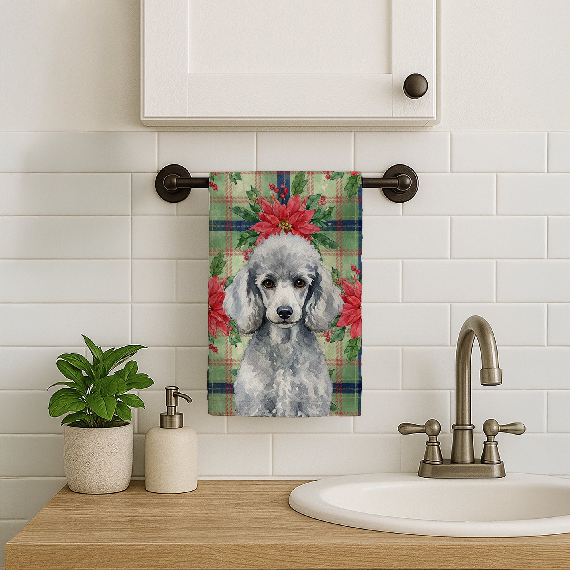 Standard Silver Poodle Christmas PoinsettIas Kitchen Towel Velour Plush Front and Cotton Loop Back Machine Washable