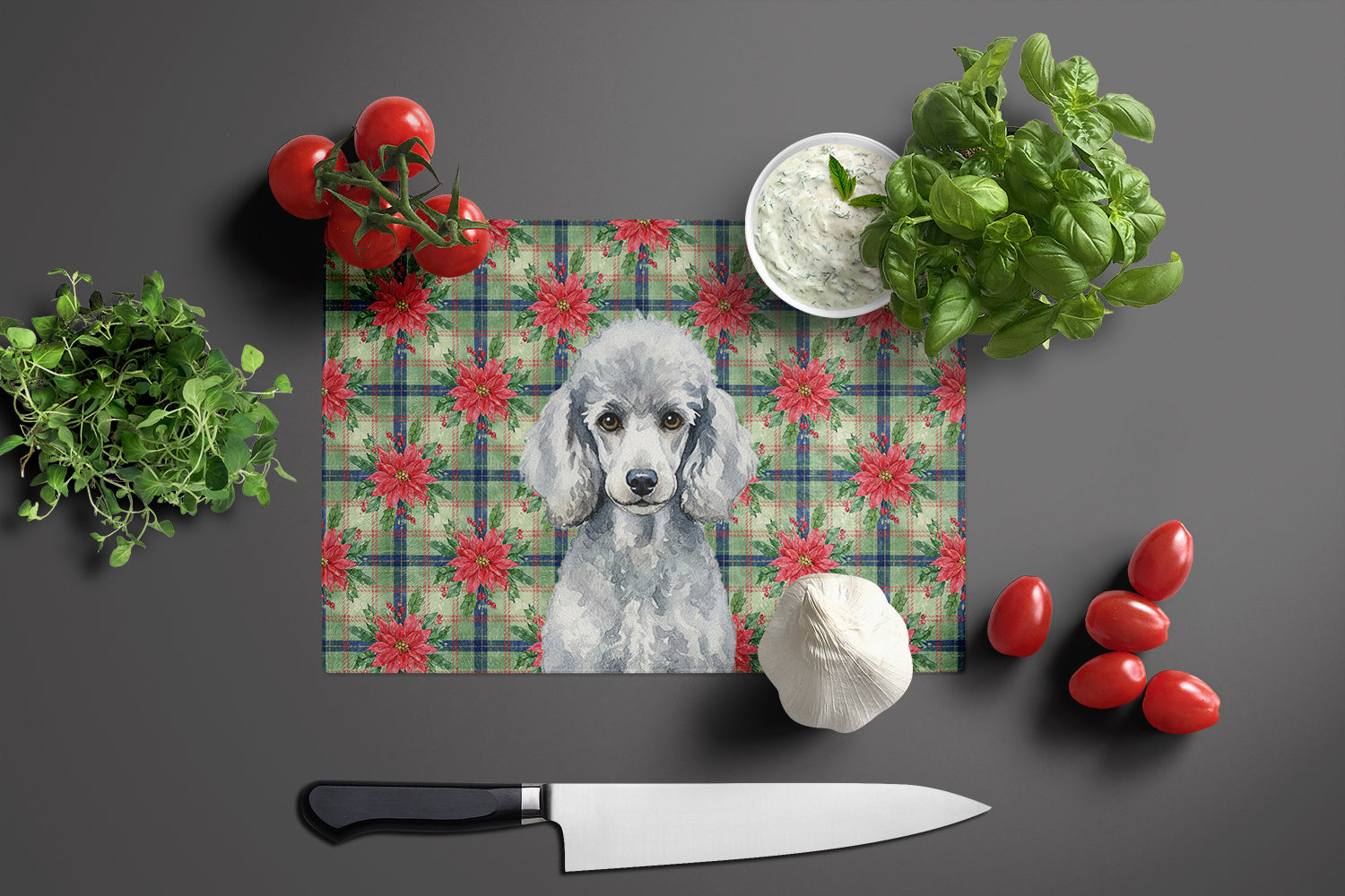 Standard Silver Poodle Christmas PoinsettIas Cutting Board Tempered Glass Kitchen Cutting Surface, Heat Resistant Chopping, Non-Slip Feet, Food Prep & Serving