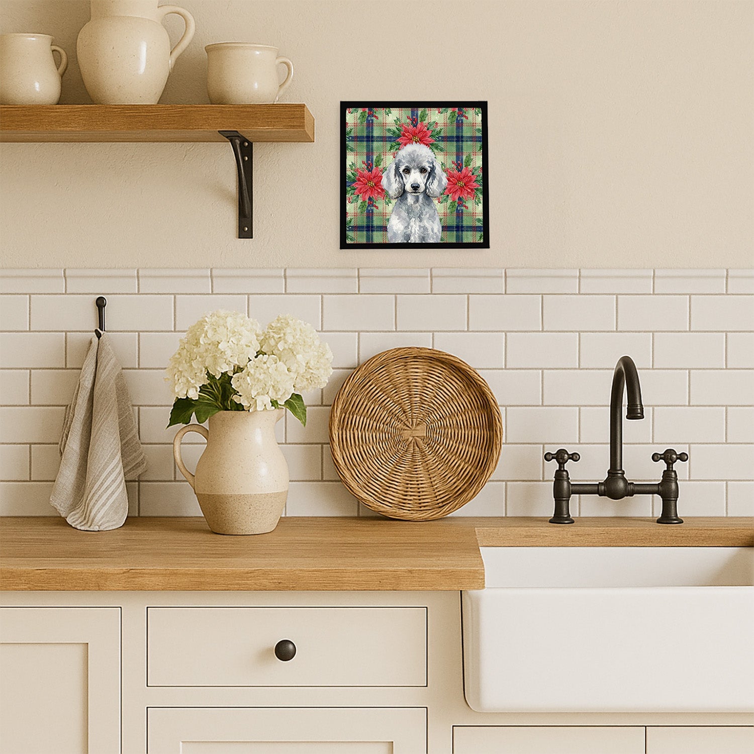 Standard Silver Poodle Christmas PoinsettIas Framed Metal Print Bathroom, Kitchen, Office, Home Decor Wall Art Ready to Hang, Square, 8X8
