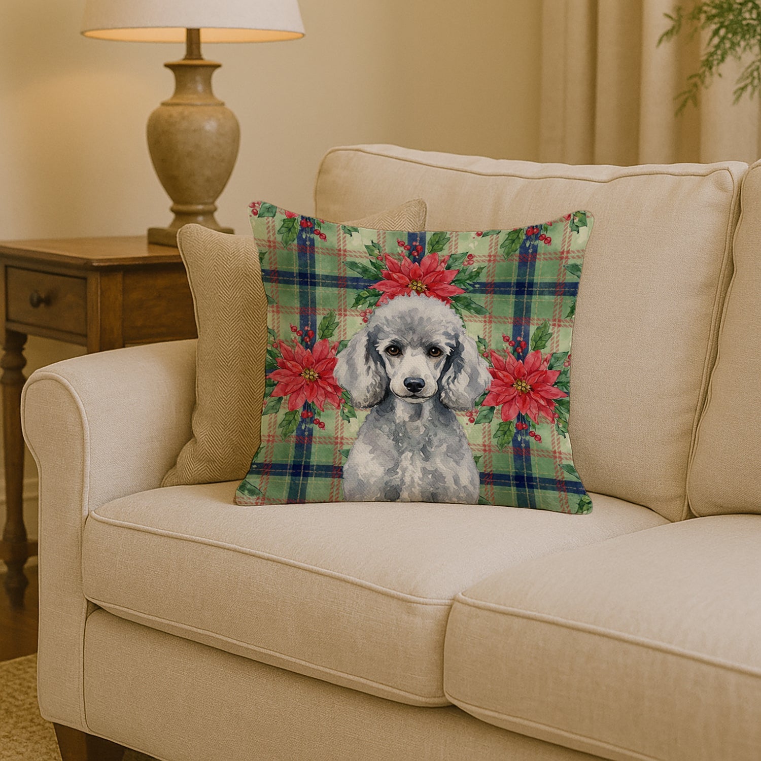 Standard Silver Poodle Christmas PoinsettIas Decorative Throw Pillow 14x14 Indoor Outdoor Accent Cushion, Fabric Cover with Insert for Sofa, Bed, Porch & Living Room