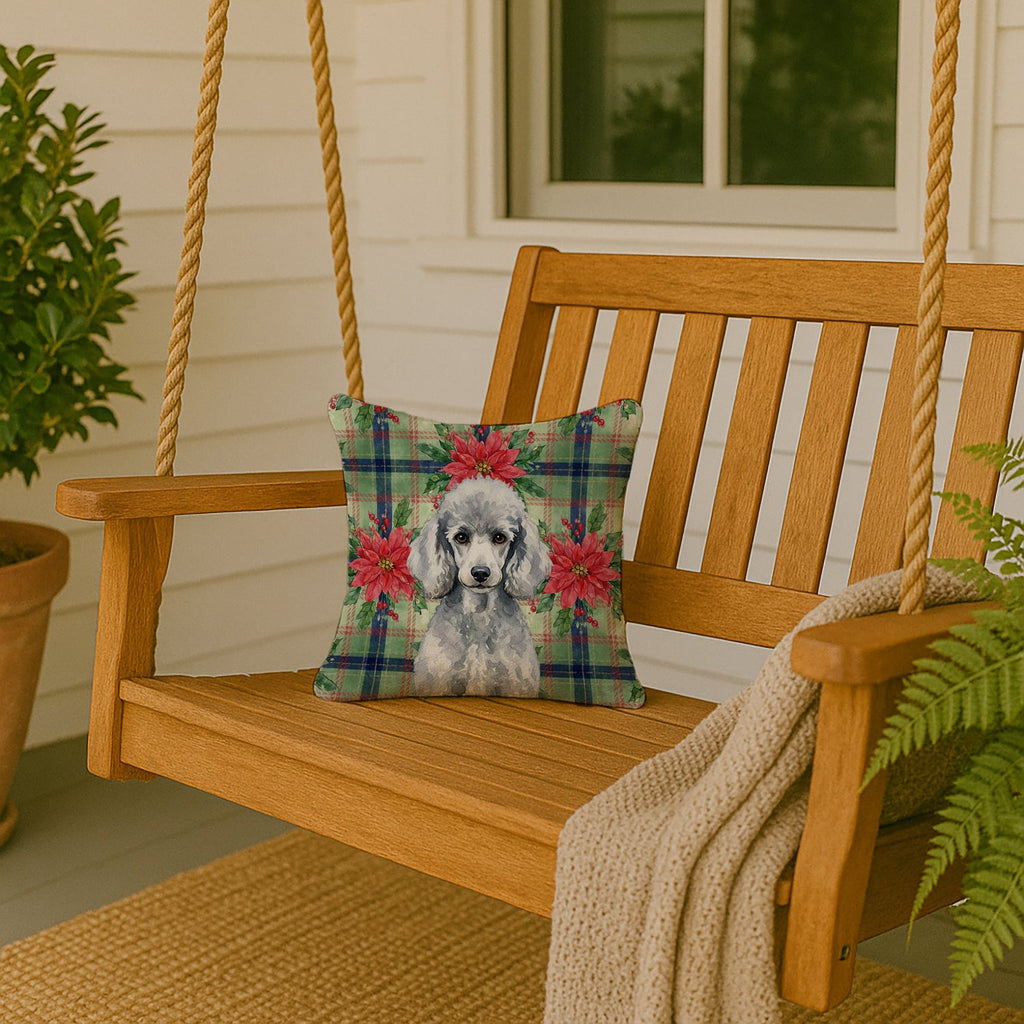 Standard Silver Poodle Christmas PoinsettIas Decorative Throw Pillow 14x14 Indoor Outdoor Accent Cushion, Fabric Cover with Insert for Sofa, Bed, Porch & Living Room